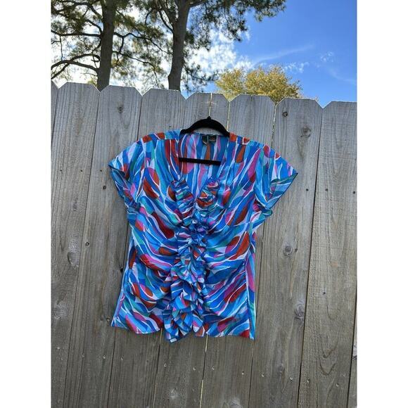 Sere Nade NY Woman Blouse Blue White Ruffled Large Button Down Blue Women's Work - Picture 3 of 7